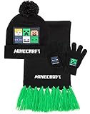 Minecraft Kids Bobble Hat Handschuhe Schal Set gestrickte Schwarze Mütze Einheitsgröß