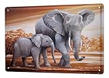 LEotiE SINCE 2004 Blechschild Arkadiusz Warminski Elefant Kind Afrika Steppe Bäume Baby 20x30 cm Metallschilder Dek