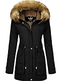 YXP Damen Winter verdicken Militär Parka Jacke Warmer Fleece Baumwollmantel mit Pelzkapuze (Schwarz,XXL)