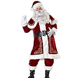 JTWEB Weihnachtsmann Kostüm Set Weihnachtsdeko für Herren mit Mütze, Bart, Mantel, Gürtel, Cape Weihnachtsfeier Cosplay für Erwachsene Roter Deluxe Weihnachtsmann-Anzug, 8Pcs (XL)