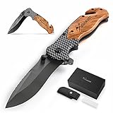 BERGKVIST K19 Klappmesser (Einhandmesser) mit Holzgriff & Titanium für Outdoor & Survival - 3-in-1 Taschenmesser mit Glasbrecher & G