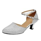 Damen Standard Latein Funkeln Tanzschuhe Frauen Ballsaal Salsa Tango Tanzen Schuhe Knöchelriemen Hochzeit Abendschuhe, Celucke Klassische Pumps Frühling Elegante Brautschuhe (Silber, EU40)