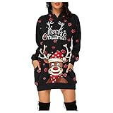 Baiomawzh Weihnachtskleid Damen Kapuze Lange Ärmel Hoodies Pulloverkleid mit Kängurutasche Christmas Druck Weihnachtspulloverkleid Hochwertige Blusenk