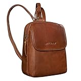 STILORD 'Valentina' Vintage Damenrucksack Klein Leder Daypack Rucksack für Frauen Rucksackhandtasche für City Ausgehen Shopping Damen Tagesrucksack Echtleder, Farbe:Mocca - Dunkelb