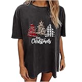 Tshirt Damen Kurzarm Schwarz Oversize Lang Bluse V Ausschnitt Lose Oberteile Mit Aufdruck, Weihnachten Herren und Damen Tunika Drop-Ärmel Oberteil Casual Loose Top