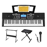 Donner 61 Tasten Keyboard Klavierset, E Piano/Keyboard mit Ständer, Digitalklavierbank, Mikrofon, Notenblattständer, Unterstützt MP3/USB MIDI/Audio/Mikrofon/Kopfhörer/Sustain Pedal, DEK-610