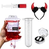 AYEUPZ Halloween Teufel Cosplay Set,Roten Teufelsohren Haarreifen mit 2 Vampirzähne und Halloween Trinkgefäß mit Spritze,Halloween Zombie Prop, für Halloween Party