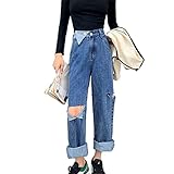 DHHY Jeans Im Retro-Stil, Zerrissene Hosen mit Asymmetrischen Nähten, Lockere Freizeithosen Für D