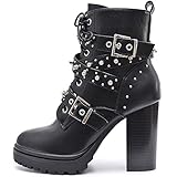 Vain Secrets Plateau Damen Schuhe Schwarze Blockabsatz High Heels Ankle Boots Stiefeletten Kurz Stiefel mit Reißverschluss Nieten (Schwarz, 37)