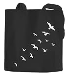 Jutebeutel lange Henkel Vögel Birds Fly Baumwolltasche Stoffbeutel Tragetasche Baumwolle Autiga® schwarz 2 lange Henk