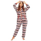 Winter Lange Ärmel Hoodie Onesie Für Frauen mit Muster Jumpsuit Mit Kapuze Flauschig One Piece Zipper Overall Warm Schmalem Bein Einteiler Pyjamas mit Kordelzug Und Tasche(Mehrfarbig,XXL)
