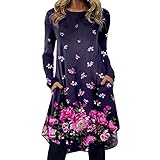 foreverH Damen Einfaches Kleider Basic Casual A-Linie Skaterkleid Freizeit Kleider Fließendes Kleid Langarm Beiläufige Shirt Lose Rundhals Tunika (A03#Pink, XXL)