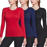 TSLA Damen Kompressions-Langarm-Shirts Cool Dry Baselayer, Damen Jungen Mädchen Unisex, Fud21 Rundhalsausschnitt, Schwarz, Marineblau, Rot, 3 Stück, S