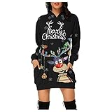 Damen Hoodie Kleid Pullover Langarm Sweatshirts Kapuzenpullover Tops Herbst Mini Kleid mit Weihnachten M