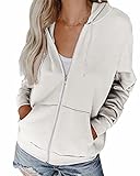 Hiistandd Damen Hoodies Casual Langarm Sweatshirt V-Ausschnitt Pullover Strickjacke Reißverschluss Tops mit Taschen, Weiß, S