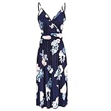 Lässiges langes Kleid für Frauen, sexy ärmelloses Sling langes Kleid, Mode Blumendruck, Sommer Strandkleid mit Taschen, Damen lose Swing Kleider Plus Size Gr. S, b