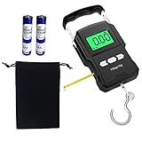 Kingrun Angelwaage, Fishing Scale 165lb / 75kg Hängewaage Gepäckwaage Digitale Kofferwaage Fischwaagen mit Maßband, Tragetasche und 2 AAA-Batterien, Beleuchtetes Display für Reisen/Familie/Kü