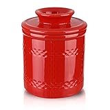 Joyroom Keramik-Buttertopf aus Porzellan, französische Keramik-Butterdose, Butterbehälter für Theke, französische Butterdose mit Wasser, großes Fassungsvermögen, Plaid-Kollektion (rot)