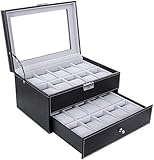Cxssxling Uhrenbox für 20 Uhren mit Glasfenster Watch Box Uhren Aufbewahrung aus PU Leder und Samt,Uhrenkoffer mit abnehmbaren Uhrenkissen(2 Lagen 20 Fächer)
