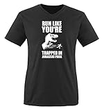 Run Like You're TRAPPED IN Jurassic Park - Herren V-Neck T-Shirt - Schwarz/Weiss Gr. L
