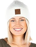 Funky Junque Unisex Classic Rib Beanie Slouchy Knit Skull Cap mit Wildleder Patch Soft Warm Winter Mütze, Solide Elfenbein, Einheitsgröß