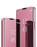 Jacyren Kompatibel Samsung Galaxy A52 Hülle,Leder Flip Case Spiegel Handyhülle A52 Schutzhülle 360°Hard PC Transluzent View Miroir Stoßfest Cover Ständer Funktion Tasche Etui A52 (Rose_Gold, A52)