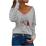 TRIGLICOLEUM Weihnachts Langarmshirt Damen Karierter Weihnachtsbaum Pullover Gestreifte Spleiß Lange Ärmel Bluse Tunika Oberteile mit V-Ausschnitt Sweatjacke Herbst Winter Leichtes Sw