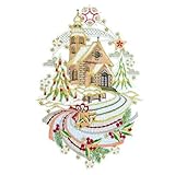 Plauener Spitze Fensterbild 'Weihnachtskirche' farbig 21 x 32 cm Fensterdeko Fensterschmuck Bilder Handarbeit Deko F