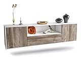 TV Schrank Lowboard hängend - Koblenz - Korpus Weiss matt - Front Holz Design Treibholz- (180x49x35cm) - Push to Open Technik & hochwertigen Leichtlaufschienen - Made in Germany