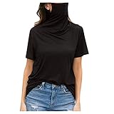 LRWEY Damen Casual Loose Rundhals Kurzarm Face Schal Bandana Ohrschlaufen Face Rave Balaclava Neck Gaiters für Staub Wind Sonne UV Motorrad Top Bluse T-Shirt Gr. 34 W/36 L, Schw