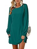 YOINS Sommerkleid Damen Kurz Tshirt Kleid Rundhals Kurzarm Minikleid Kleider Langes Shirt Lose Tunika mit Bowknot Ärmeln ,S,Langarm-grü