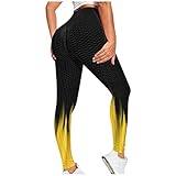 Damen Slim Fit Hohe Taille Sportshort Honeycomb Lange Leggings mit Bauchkontrolle Leggings Geraffte Hintern Heben hohe Taille Yogahosen schick mit Sport Gym Kompressionshose (Gelb, 3XL)