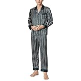 Herren Pyjama Set Streifen Lange Ärmel Knopf Hemd und Hose Set 100% Reine Seide Herbst und Winter Pyjamas L ， XL ， XXL ， Dunkelgrün ， XXL