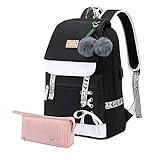 GUIVITU Schulrucksack Mädchen Teenager Schul Rucksack Damen Schulranzen 3 5 Klasse Grundschule Ergonomischer Kinder Schultasche Casual Daypacks School Bag for Girls mit Federmäppchen Set (Schwarz)