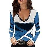 YUE Damen Tiefer V-Ausschnitt Spitze Oberteile Streifen Farbblock Langarmshirts Schlank Pullover Slim Fit Sweatshirt Tunika Tops Hemd Elegant Tee Basic Blouse Casual Hemdb