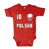 net-shirts Organic Baby Body mit Polska Polen Poland Trikot 02 Aufdruck Fußball Fan WM EM Strampler - Spielernummer wählbar, Größe 03-06 Monate-Spielernummer 10