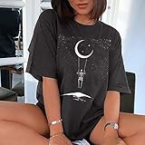 AIVEI T-Shirt Damen Oversized Mode Lose Rundhals Kurzarm Sommer Oberteile Vintage Drucken Bluse Streetwear Schädel Sport Oberteile Sweatshirt Teenager Mädchen Tunika Lang Tops Tshirt (D, S)