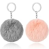 HICARER 2 Stücke Pom Poms Schlüsselanhänger Flaumig Faux Pompoms Schlüsselring Weiche Plüsch Schlüsselring Ornament Anhänger Zubehör für Damen Mädchen Frauen (Rosa, Grau)