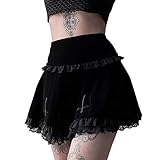 GuliriFei Frauen Spitze Patchwork Mini Plissee Röcke Kreuz Stickerei Rüschen Kurz Rock Hohe Taille A Linie Harajuku Gothic Punk Rock Gr. 36, Schw