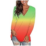 Xmiral Damen Basic Shirt V-Ausschnitt Farbverlauf Langarm Shirt Mit Split Saum Mode Herbsthemd Oberteil(Grün,M)
