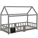 BBDA Kinderbett Hausbett 90 x 200 cm, Holzbett für Kids, inkl.Tafel|Lattenrosten|Rausfallschutz, aus Kiefernholz, für Kinder,Grau(Mit Federkernmatratze)