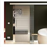 Glasschiebetür 90x205 cm in ESG-Milchglas mit Horizont-Dessin (H) Levidor® EasySlide-System komplett. Laufschiene und Stangengriffe, in sehr hochwertiger Q