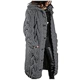 PWKNRD Damen Strickjacke Lang Cardigan Pullover Grobstrick Strickpullover Elegant Langarm Strickcardigan Open Front Sweater mit Knopf Casual Lose Winterjacke Einfarbig Mantel Jacke Herbst W