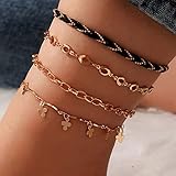 Handcess Boho Multi-Layer Blumen Fußkettchen Gold Pailletten Knöchel Armbänder Geflochtene Perlen Fußketten für Frauen und M