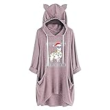 Kobay Women's Long Sleeve Autumn Winter Coat Casual Tops Elegant Sweatshirts Shirt Fashion and Loose Christmas Print Pocket Mid-Length Long-Sleeve Cat Ears Hooded Sweater(Rosa, XL)