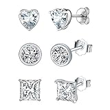 Shuxin Damen Ohrstecker Silber, 3 Paare 925 Sterling Silber Zirkonia Ohrstecker Ohrringe Set, 3mm Unisex Klein Schlafen Knorpel Ohrstecker mit Weiß Zirkonia, Herz Rund Quadrat Ohrstecker Ohrringe S