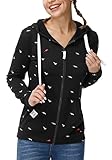 TrendiMax Damen Sweatshirt Zip Jacke mit Kapuze Sweatjacke Kapuzenjacke Allover Druck, Schwarz, M