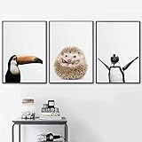 Leinwand Wandkunst 3 Stück 50x70cm Rahmenlose Tiermalerei Niedlicher Papagei Igel Poster Bild Baby Kinderzimmer Druck Wohnzimmer Schlafzimmer Wanddek