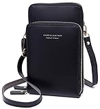 Handy Umhängetasche - Leder Frauen Brieftasche Retro Schultertasche Klein Tasche Geldbörse reisepass Handytasche mit Kartenfächer Verstellbar Abnehmbar Schultergurt für Handy unter 7 Zoll (Schwarz)