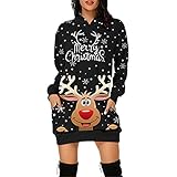 UNIQTA Damen Weihnachten Stilvolle Langarm Pullover Kleid Mit Kapuze Kleider V-Ausschnitt Partykleid Edel Elch Weihnachtsmann Print Mode Weihnachten Abend Party Damen M